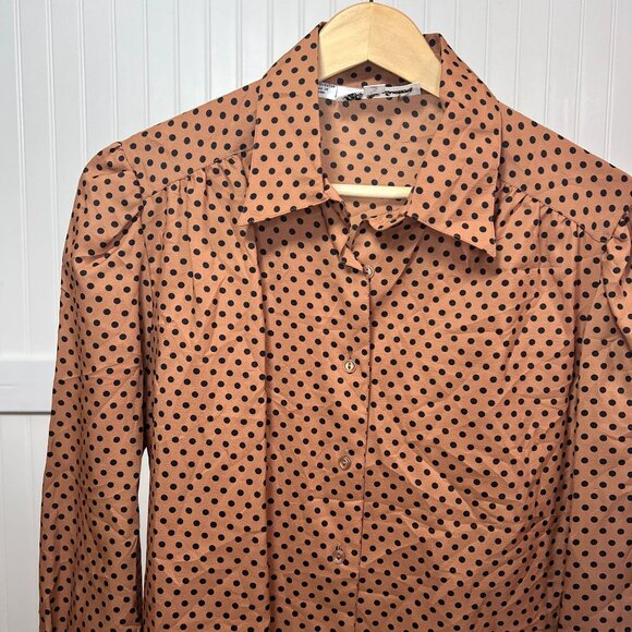 Deadstock Vintage Women's Brown Polka Dot Button-Up Blouse Collar Long Sleeve - Picture 1 of 10
